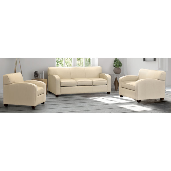Ebern Designs Rovario Cream Top Grain Leather Sofa Bed And Two Chairs